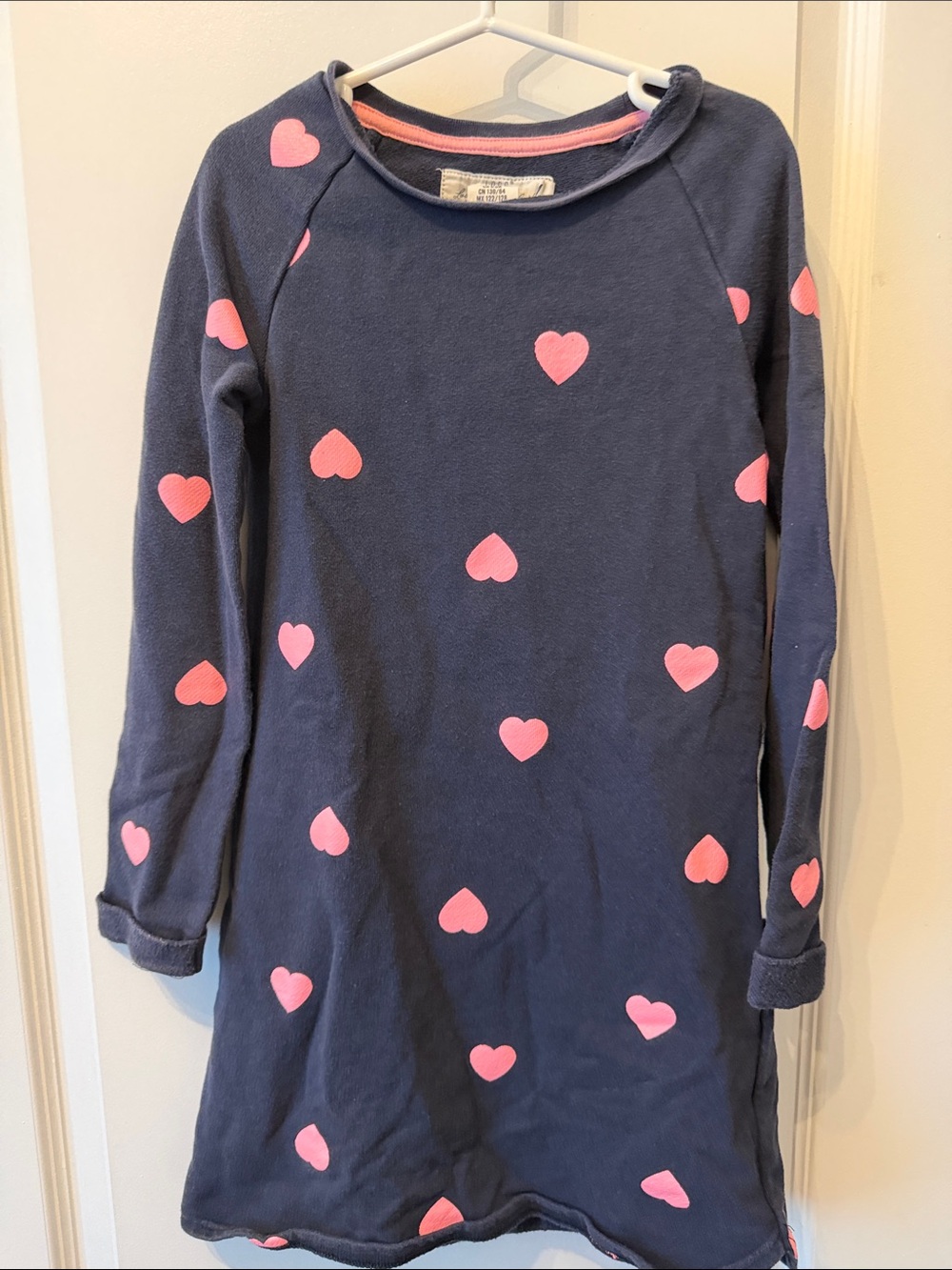Girls Navy Blue Heart-Print Long Sleeve Dress with Pink Hearts